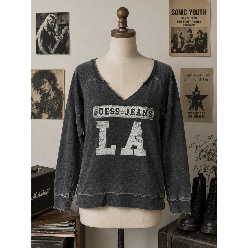 Guess Jeans LA Sweatshirt Women's Large Gray Thrashed Grunge Raw Hem Y2K